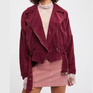 Free People Slouchy Dolman Moto Jacket Corduroy Burgundy Full Zip Lined Belted M